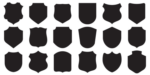 Collection of black shield icons in different shapes isolated on a white background.