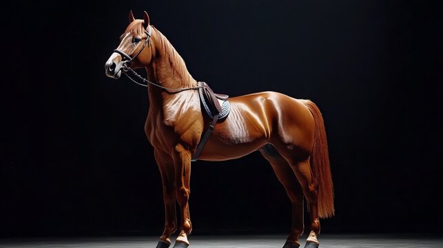 A breathtaking portrait of a graceful chestnut gelding standing in a proud dressage stance. The horse wears an elegant bridle and stands isolated against a sleek black background