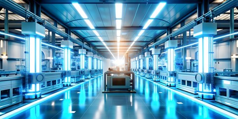 Fototapeta premium Futuristic Factory Interior Blue Glow Copy Space Glossy Image Digital Transformation Manufacturing Concept