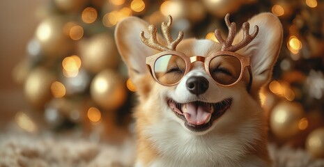 A smiling corgi wearing golden deer horn glasses in a room decorated for Christmas