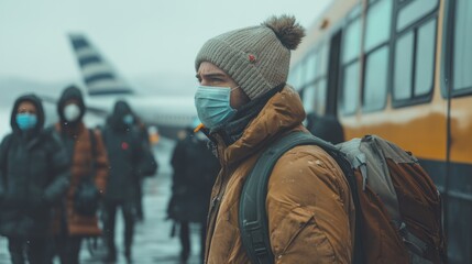 A traveler in winter attire waiting at an airport, surrounded by masked individuals.
