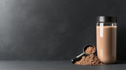 Protein shake in a clear container with chocolate protein powder and scoop on dark background