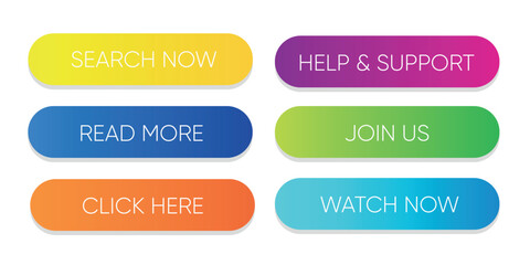 Set of colorful web buttons with text like 