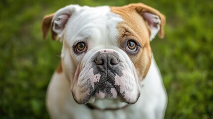Fototapeta premium Close-up portrait of a white and brown dog with expressive eyes looking curiously at the camera, surrounded by lush green grass.