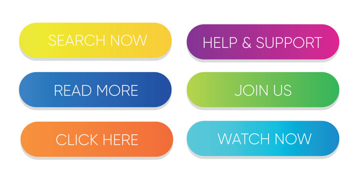 Set of colorful web buttons with text like "Search Now," "Help & Support," and "Read More," isolated on a white background.