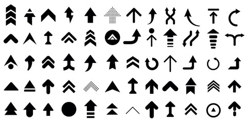 Collection of various black arrow icons in multiple styles and shapes, isolated on a white background.