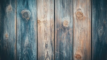 Naklejka premium Detailed close-up of aged wooden planks showcasing unique knots and rich grain patterns with a blend of blue and natural wood tones