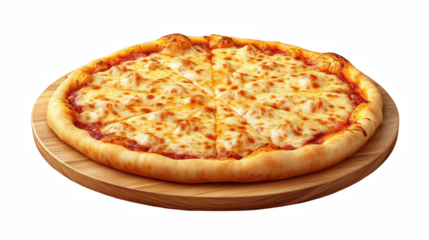 Cheesy delight, golden crust, sizzling pizza, fresh mozzarella, tangy tomato sauce, classic Italian, wooden platter Isolated on white background or PNG