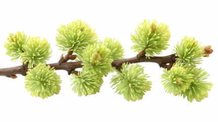 Green Burst Blossoms, vibrant fluffy flowers on a twig, isolated against white background. Isolated on white background or PNG