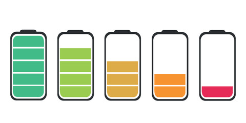 Set of battery icons showing charge levels from full to empty in green, yellow, orange, and red, isolated on a white background.