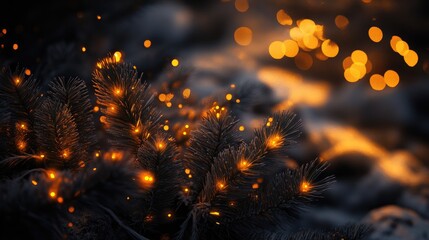Christmas tree lights casting a gentle warm glow on pine branches, creating a festive evening ambiance with a soft, bokeh background.