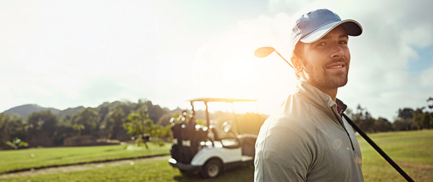 Golf, portrait and man on course with cart, equipment and driver with confidence and smile from sport, Fitness, grass and banner with athlete, professional and game outdoor with mockup and golfer