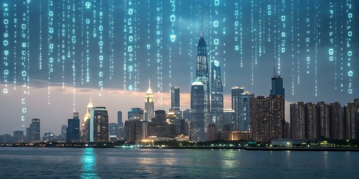 City Skyline with Glowing Binary Rain - Glossy Image Illustrating Data Flow and Cyber Resilience