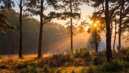 A Serene Sunrise Illuminating the Enchanting Forest, Capturing Natures Morning Beauty with Golden Rays Filtering Through Dense Trees, Creating a Tranquil and Mystical Woodland Scene