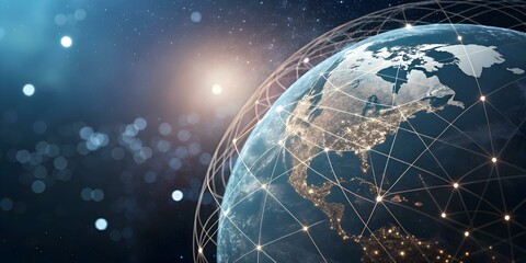 Naklejka premium Interconnected Line Globe on Soft Bokeh Background - Global Digital Connectivity Concept Photo