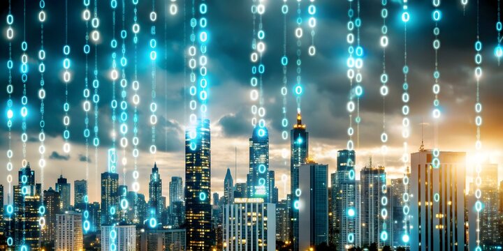 City Skyline Glossy Image Binary Code Rain Cyber Resilience Concept with Copy Space for Text
