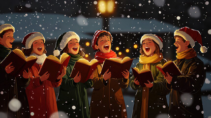 Joyful Christmas Carolers Singing Together in a Winter Wonderland, Surrounded by Falling Snowflakes and Warm Holiday Lights, Embracing the Spirit of the Season