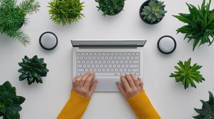 Minimalist recording setup featuring a person adjusting a microphone with a cozy workspace and vibrant plants creating a serene atmosphere