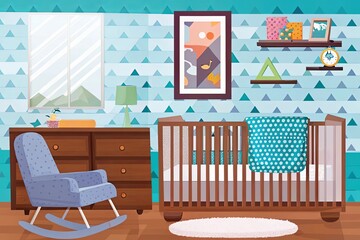 Pastel nursery with a dark crib, colorful hanging toys, a framed poster, and pink dressers creating a soft and playful atmosphere