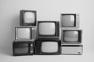 a minimalist monochrome arrangement of vintage televisions with a clean aesthetic highlighting...