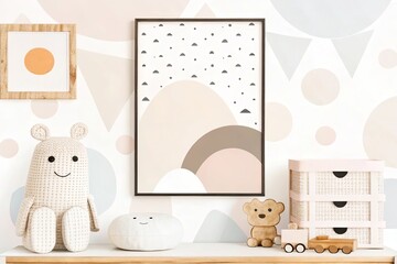 Cozy nursery with soft pastel tones, wooden furniture, a blank poster, and playful geometric decor elements creating a serene and stylish atmosphere
