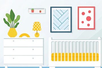 Minimalist and modern illustration of a nursery setup. It features essential elements like a wooden crib, a changing table with drawers, shelves adorned with decorative items, and a framed poster