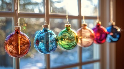 Colorful christmas ornaments hanging by a window holiday decoration cozy home atmosphere bright daylight festive spirit