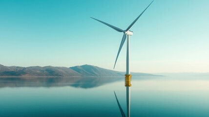 Harnessing peak energy efficiency wind turbine power generation at tranquil lake location aerial view of sustainable technology
