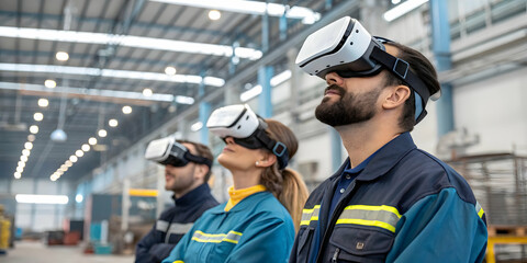 Obraz premium Workers Using VR Headsets in Manufacturing Plant for Industrial Innovation Training