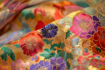 Fototapeta premium Vibrant floral fabric, gold embroidery, rich colors.