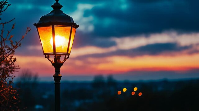 Illuminated lamppost at sunset, silhouette against vibrant sky.