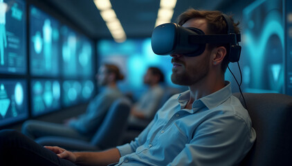 Fototapeta premium A futuristic photograph of a Caucasian man using the metaverse, wearing a virtual reality headset. The man is seated comfortably