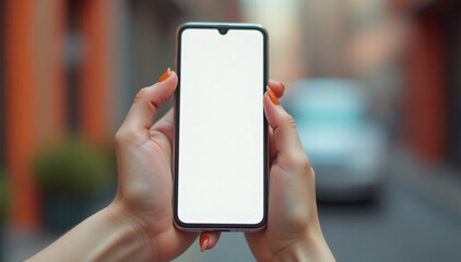 A photograph of a woman's hands holding a smartphone with a blank, empty screen, perfect for displaying advertising, an app, or website content