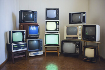 collection of vintage crt televisions arranged in a room with wooden floors showing retro designs and muted colors in an indoor setting  
