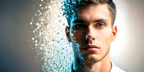 Abstract Human Face Dissolving into Pixels - Digital Identity Transformation Image with Copy Space