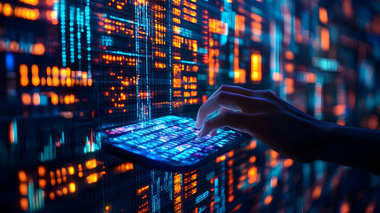 Futuristic Holographic Keyboard Typing Soft Focus Bokeh Lights Science Fiction Day