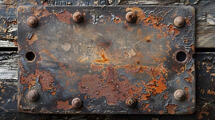 A weathered metal plate with rust and bolts, showcasing signs of aging and industrial use.