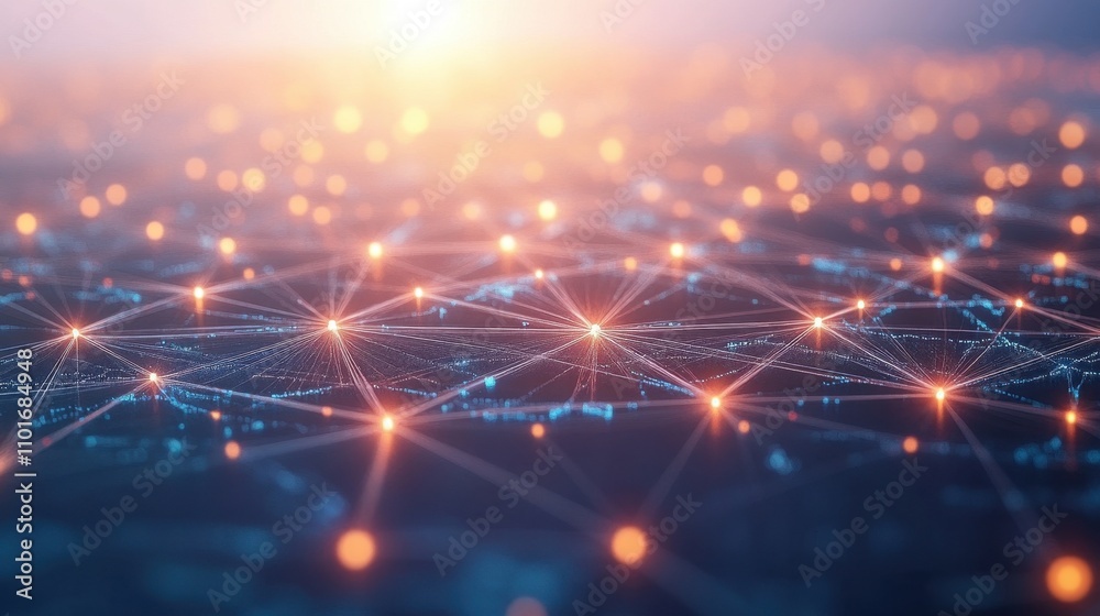 Poster abstract representation of interconnected nodes and networks, symbolizing technology and data flow.