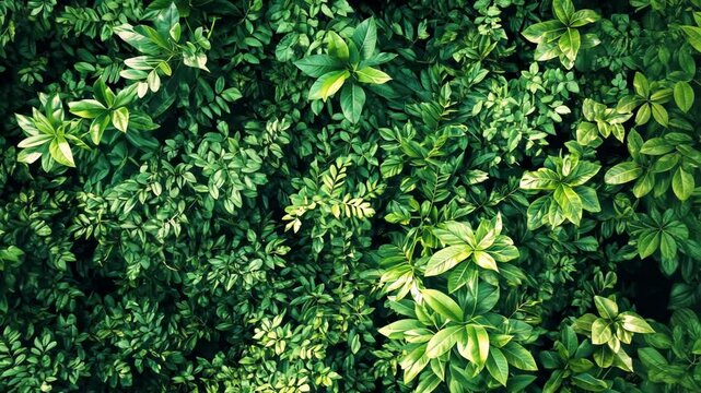Lush green foliage overhead shot, vibrant leaves densely packed.