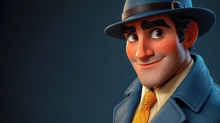 Smiling Detective: A charming cartoon detective in a blue suit and fedora, his warm smile and friendly eyes hinting at a compelling mystery.  