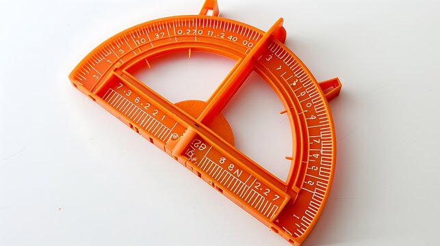 An orange protractor used for measuring angles in geometry.