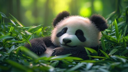 Obraz premium Sleepy Panda Cub in Bamboo Forest: A precious panda cub rests peacefully amongst lush bamboo foliage, bathed in soft sunlight.