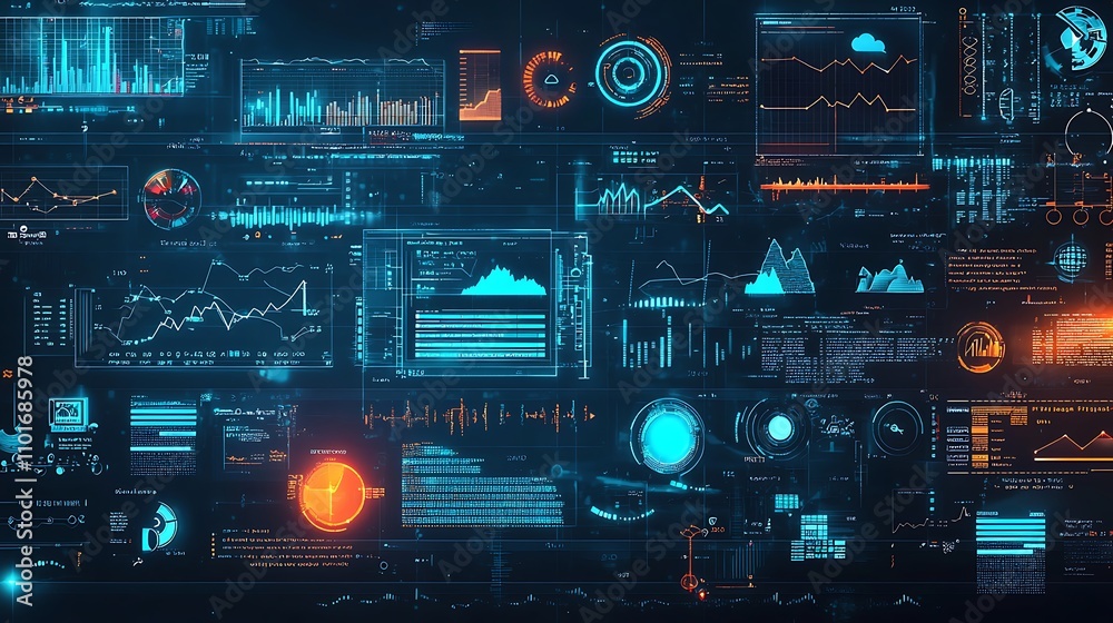Poster futuristic data visualization interface with graphs and charts