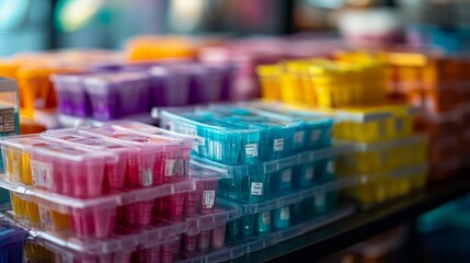 Obraz premium Colorful containers filled with various substances arranged on a display surface.