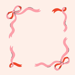 Frame of coquette pretty charming pink bows and ribbons. Hand drawn trendy border. Vintage bowknots frame for greeting cards, wedding, invitations. Flat illustration