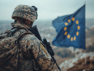 Proud European Union soldier in combat uniform, ai generated