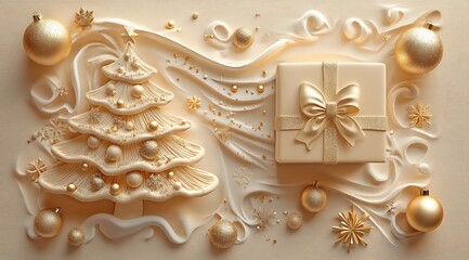 Luxurious Christmas gift wrapped in gold ribbon surrounded by golden ornaments and confetti, featuring a tree silhouette. Perfect for festive celebrations and holiday elegance 