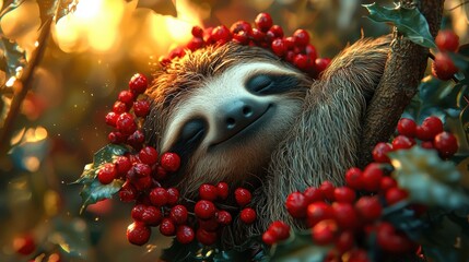 Sleepy Sloth in a Berry Crown: A close-up shot of a sloth with a peaceful expression, nestled amongst red berries in a tree, bathed in warm, golden light. The image evokes tranquility, slow living.