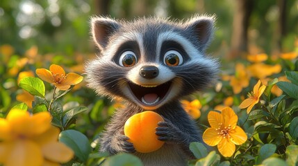 Fototapeta premium Happy Raccoon in a Garden: Adorable 3D render of a friendly raccoon with big eyes and a mischievous grin, holding a peach in a vibrant garden full of yellow flowers.
