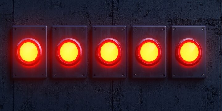 Fire alarm warning and installation concept. Five illuminated red buttons on a dark background.